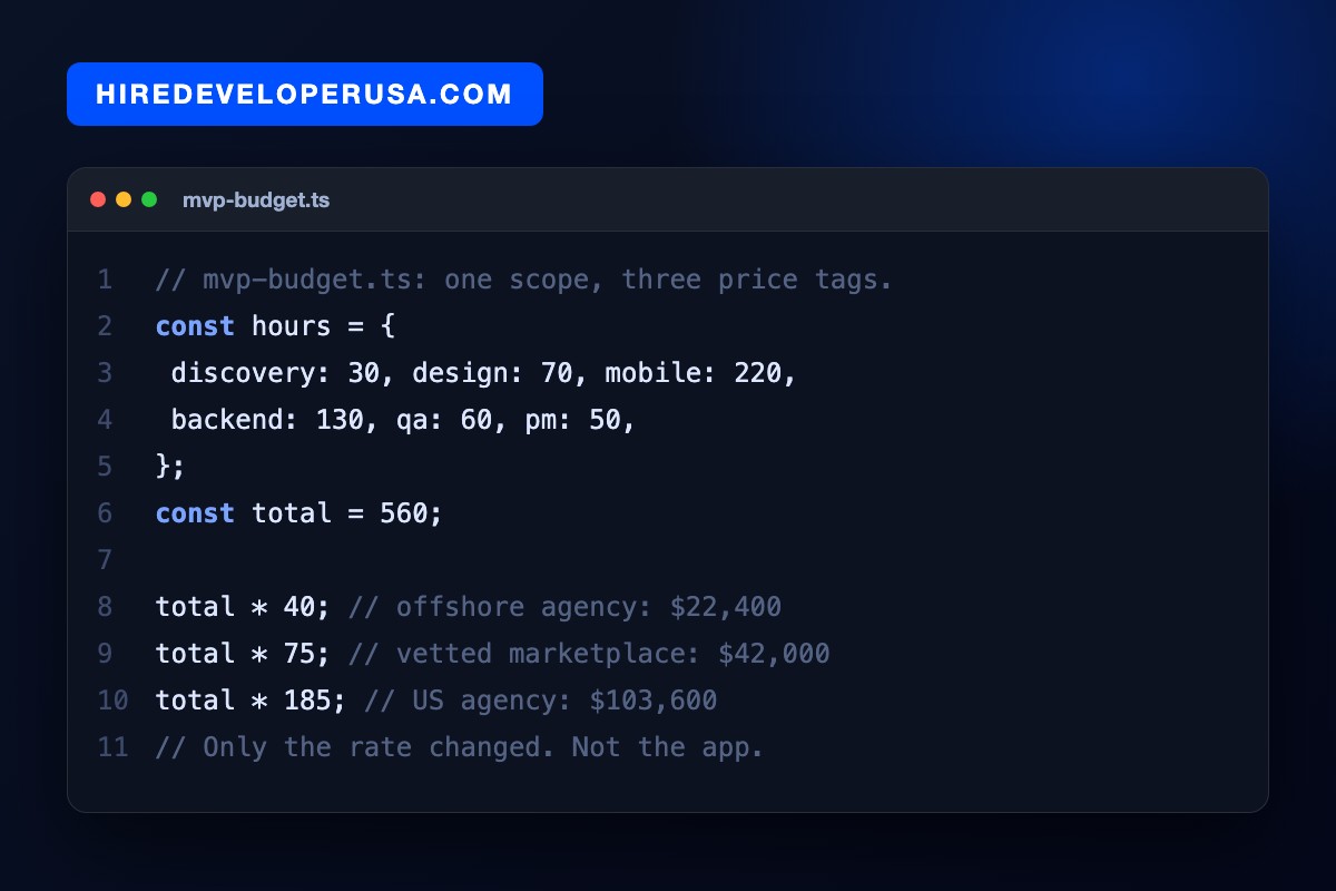 Code card showing a 560 hour MVP budget priced three ways: $22,400 at a $40 offshore blended rate, $42,000 at a $75 vetted marketplace rate, and $103,600 at a $185 US agency rate.