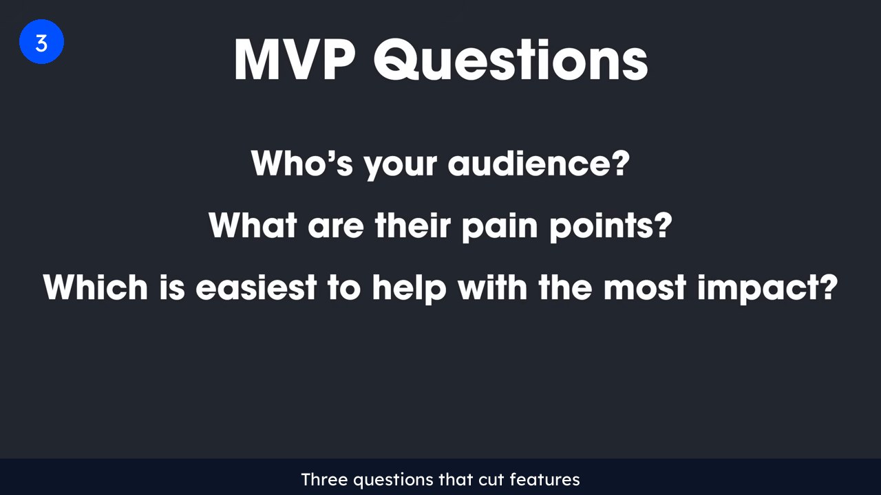 Slide with three MVP scoping questions: who is your audience, what are their pain points, and which pain point is easiest to help with the most impact.