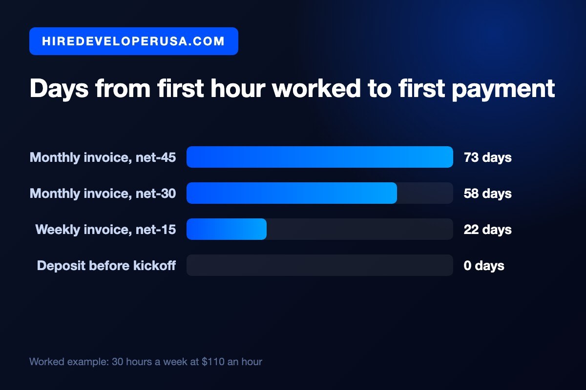 Bar chart showing days from the first hour worked to the first payment for a developer billing 30 hours a week at $110 an hour: 73 days on a monthly invoice at net-45, 58 days at net-30, 22 days on a weekly invoice at net-15, and 0 days with a deposit before kickoff.