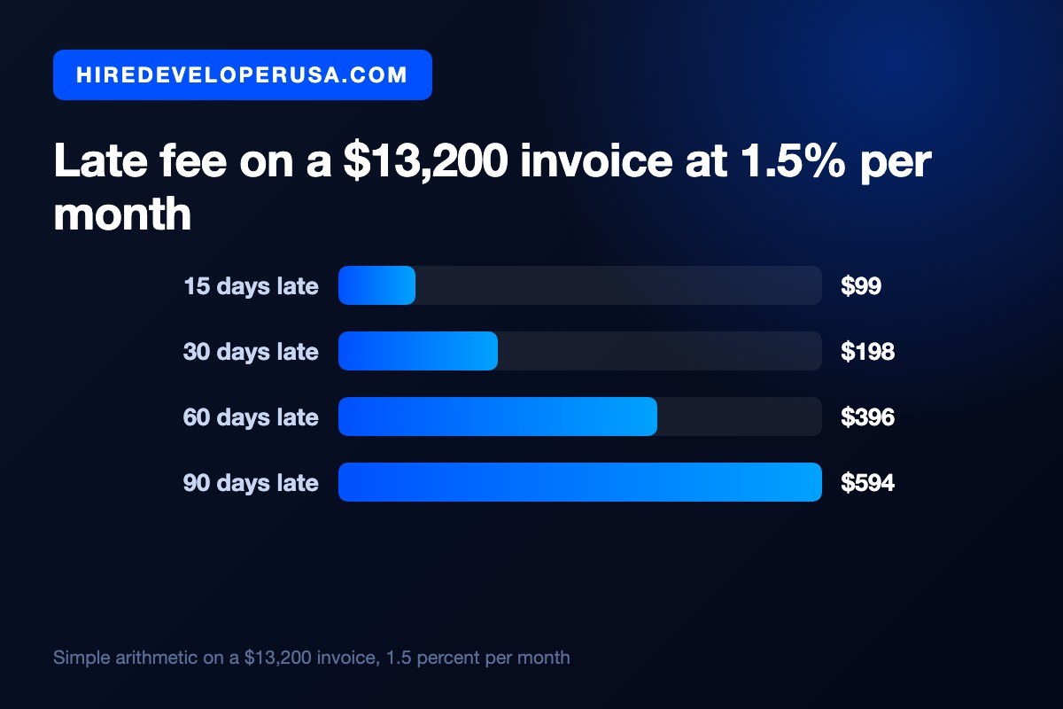 Bar chart of the late fee owed on a $13,200 developer invoice at 1.5 percent per month: $99 at 15 days late, $198 at 30 days, $396 at 60 days and $594 at 90 days.