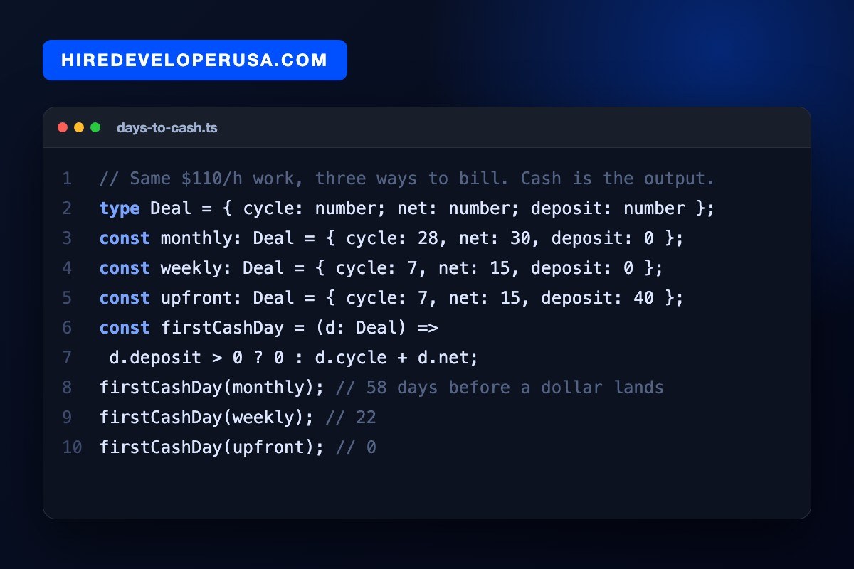 Code card titled days-to-cash.ts calculating the first payment day for the same $110 an hour work: 58 days billed monthly at net-30, 22 days billed weekly at net-15, and 0 days with a 40 percent deposit.