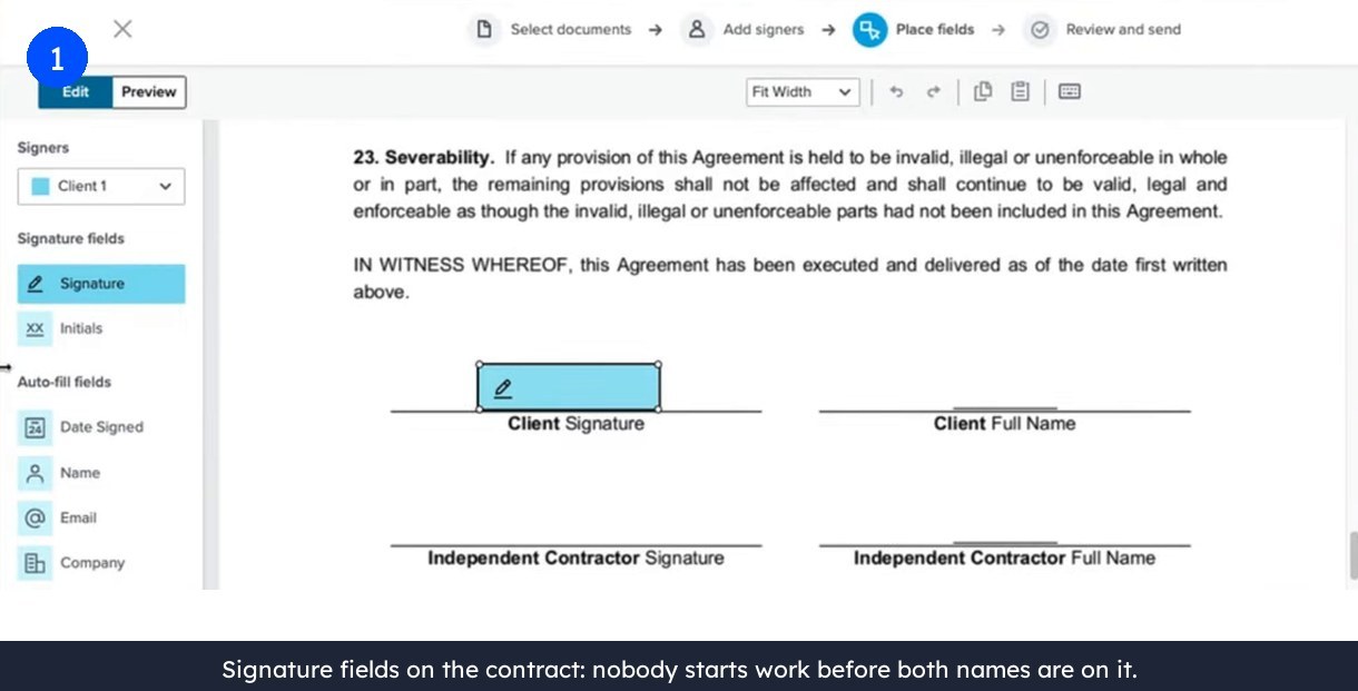Freelance contract open in an e-signature tool, showing signature and full name fields for both the client and the independent contractor ready to be placed before work begins.