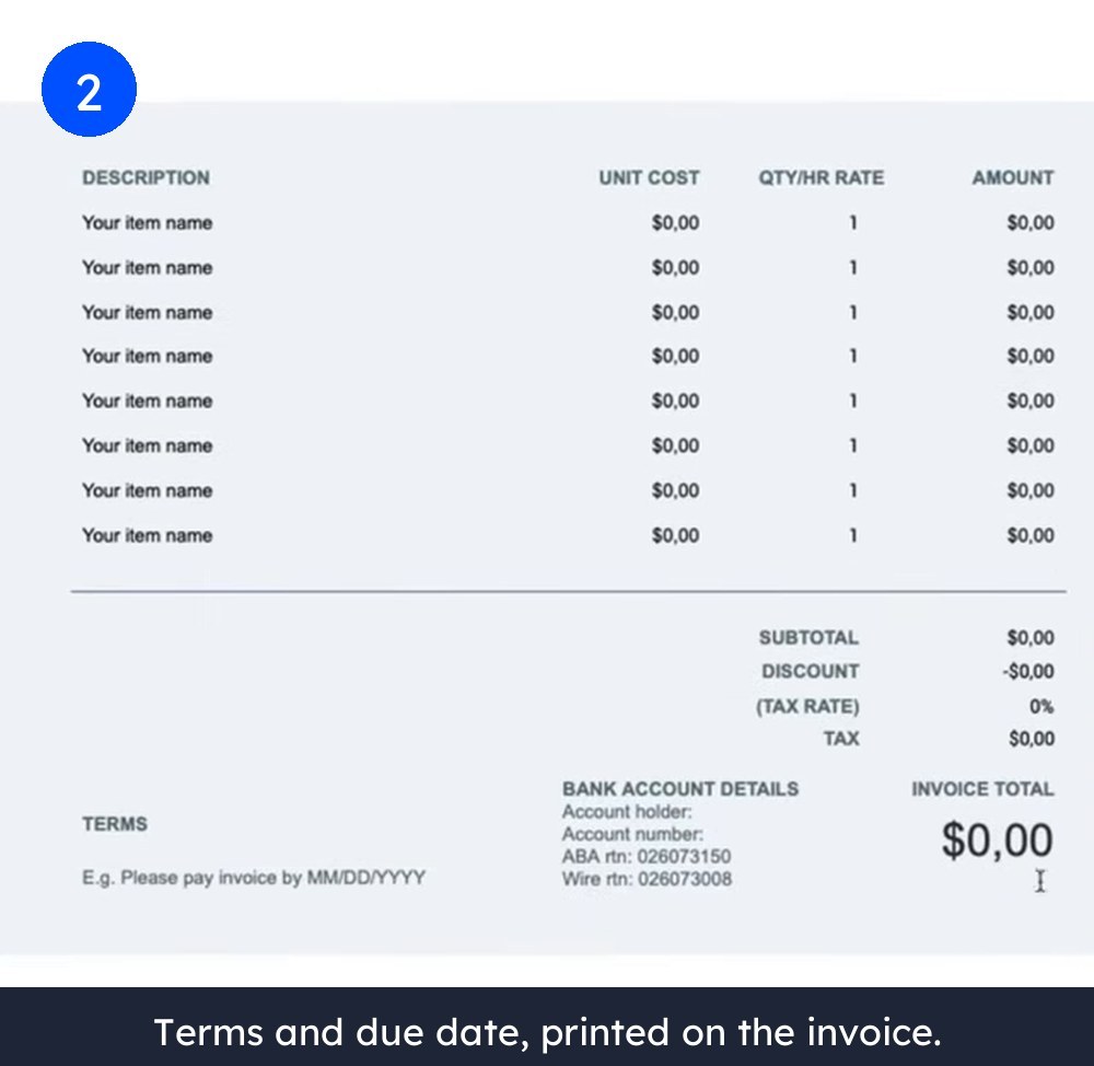 Invoice template showing line items, subtotal, discount, tax and invoice total, with a terms line that names the exact date the invoice should be paid by.