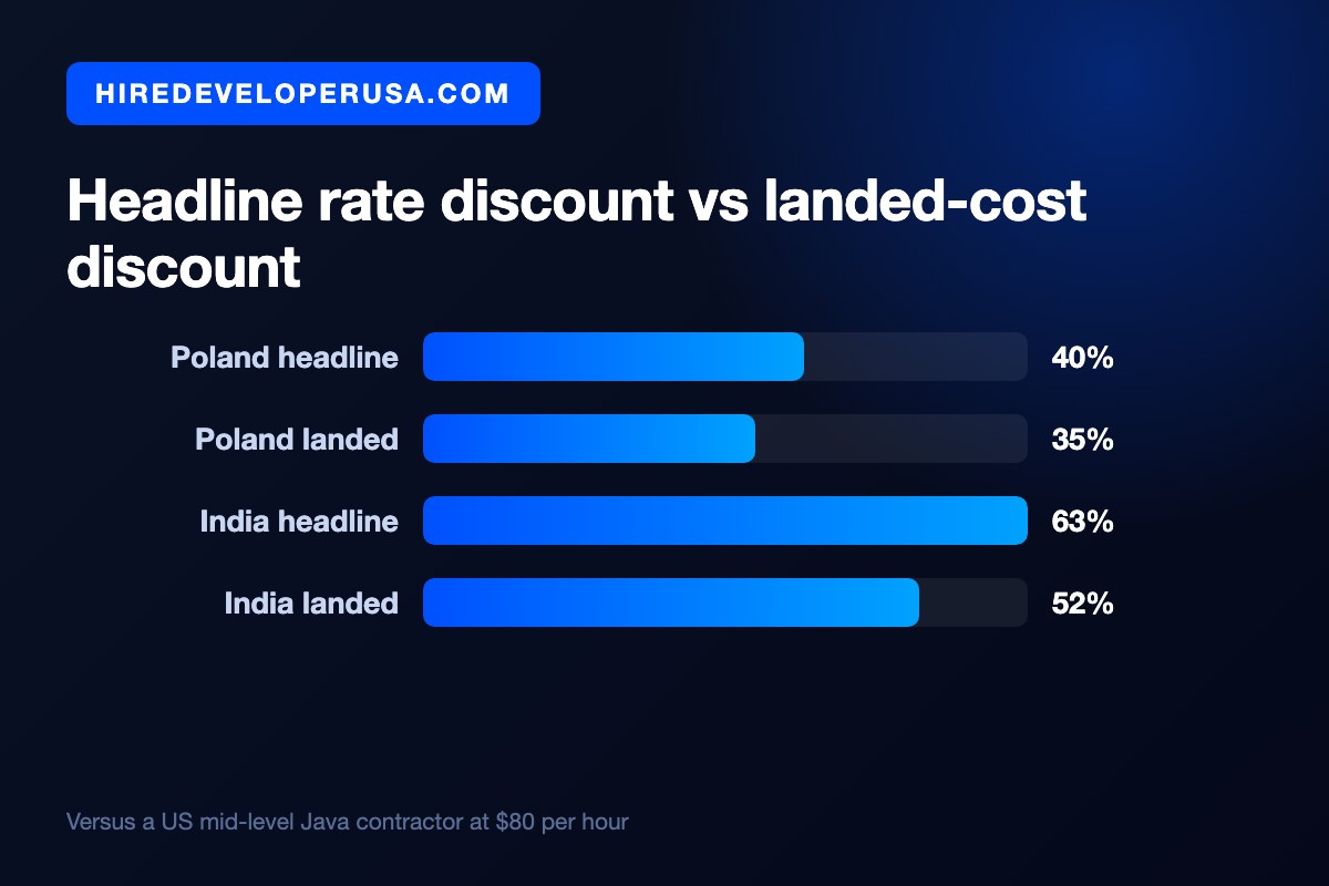 Bar chart comparing headline and landed discounts against a US mid-level Java contractor at $80 an hour: Poland 40 percent headline versus 35 percent landed, India 63 percent headline versus 52 percent landed.