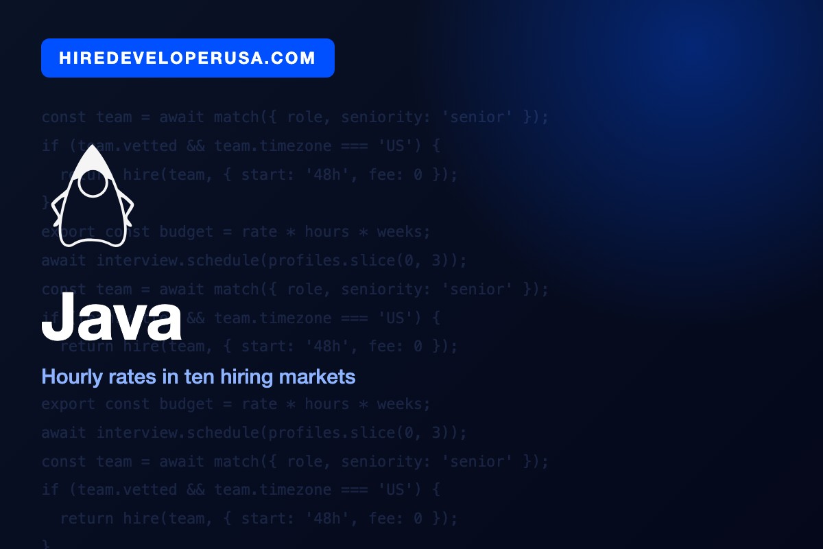 Java technology card for a 2026 guide to Java developer hourly rates in ten hiring markets, from the United States to the Philippines.