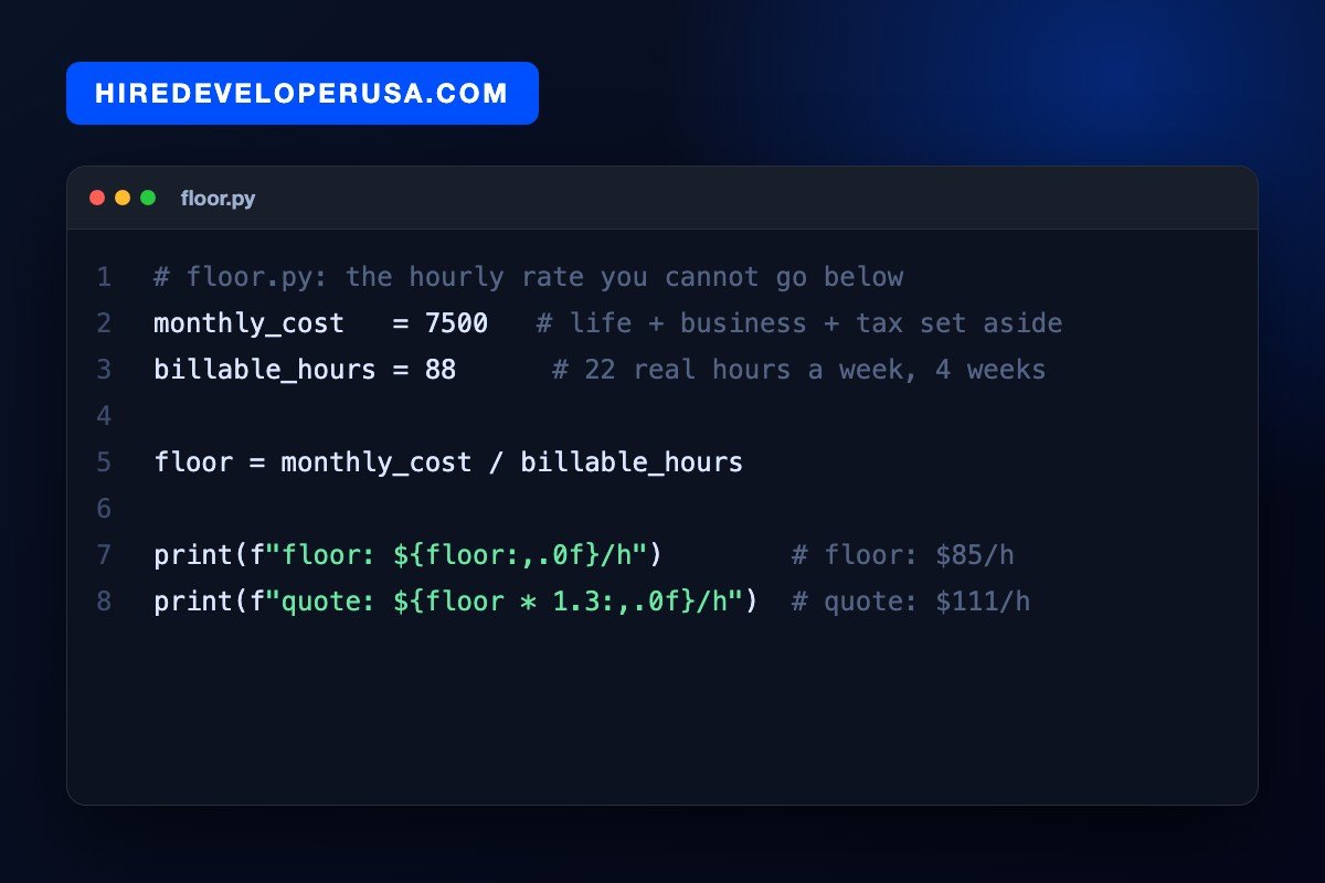 Python snippet calculating a freelance hourly floor: $7,500 of monthly cost divided by 88 billable hours gives an $85 per hour floor and a $111 per hour quoting rate.