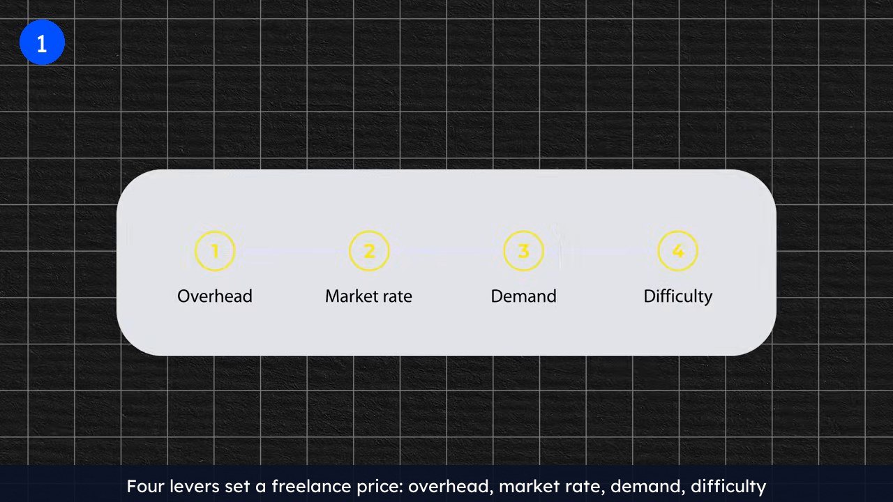 Four-step pricing framework showing the levers that set a freelance price: overhead, market rate, demand and difficulty.