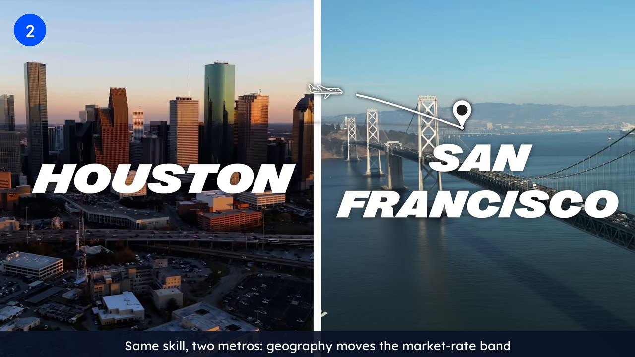 Split screen of the Houston and San Francisco skylines illustrating how geography shifts the market rate band for the same freelance skill.
