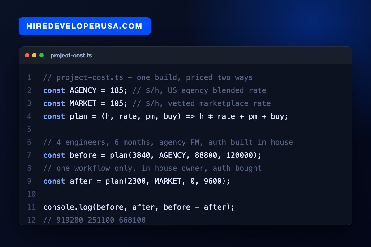 TypeScript snippet pricing the same software build two ways: 3,840 hours at $185 per hour plus $88,800 of agency project management and a $120,000 in-house build totals $919,200, while 2,300 hours at $105 per hour with no agency PM and $9,600 of subscriptions totals $251,100, a difference of $668,100