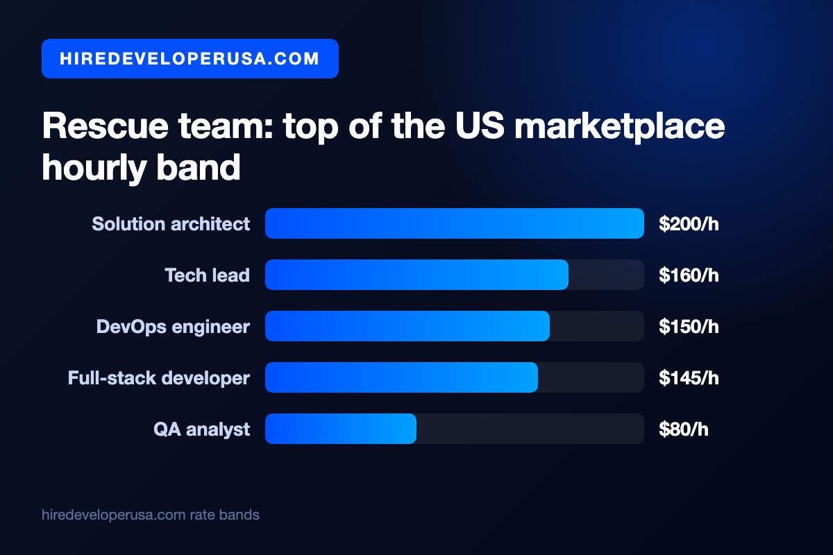 Bar chart of the top of the US marketplace hourly band for a software recovery team: solution architect $200 per hour, tech lead $160, DevOps engineer $150, full-stack developer $145 and QA analyst $80.