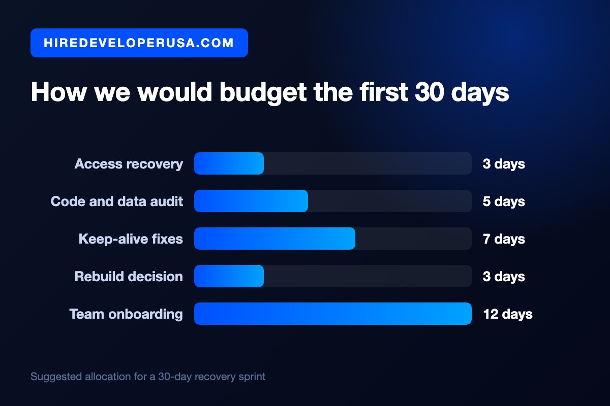 Bar chart of a suggested 30-day recovery budget after a software vendor shuts down: 3 days access recovery, 5 days code and data audit, 7 days keep-alive fixes, 3 days rebuild decision and 12 days team onboarding.
