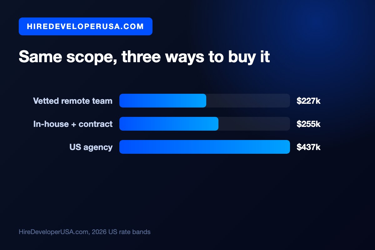 Bar chart comparing the same 2,360-hour scope bought three ways: $227k with a vetted remote team, $255k in-house with contracted support, and $437k through a US agency