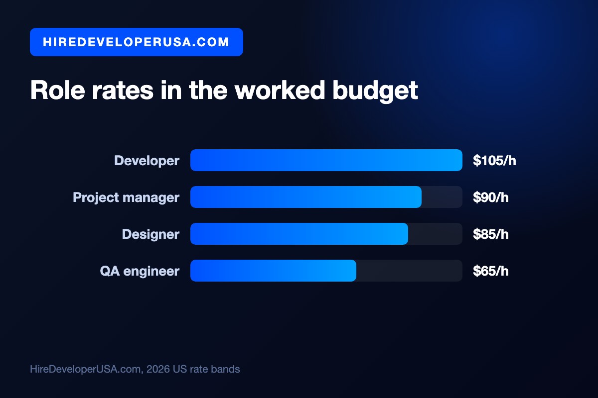 Bar chart of the blended role rates used in this article's worked budget: developer $105 per hour, project manager $90, designer $85, QA engineer $65