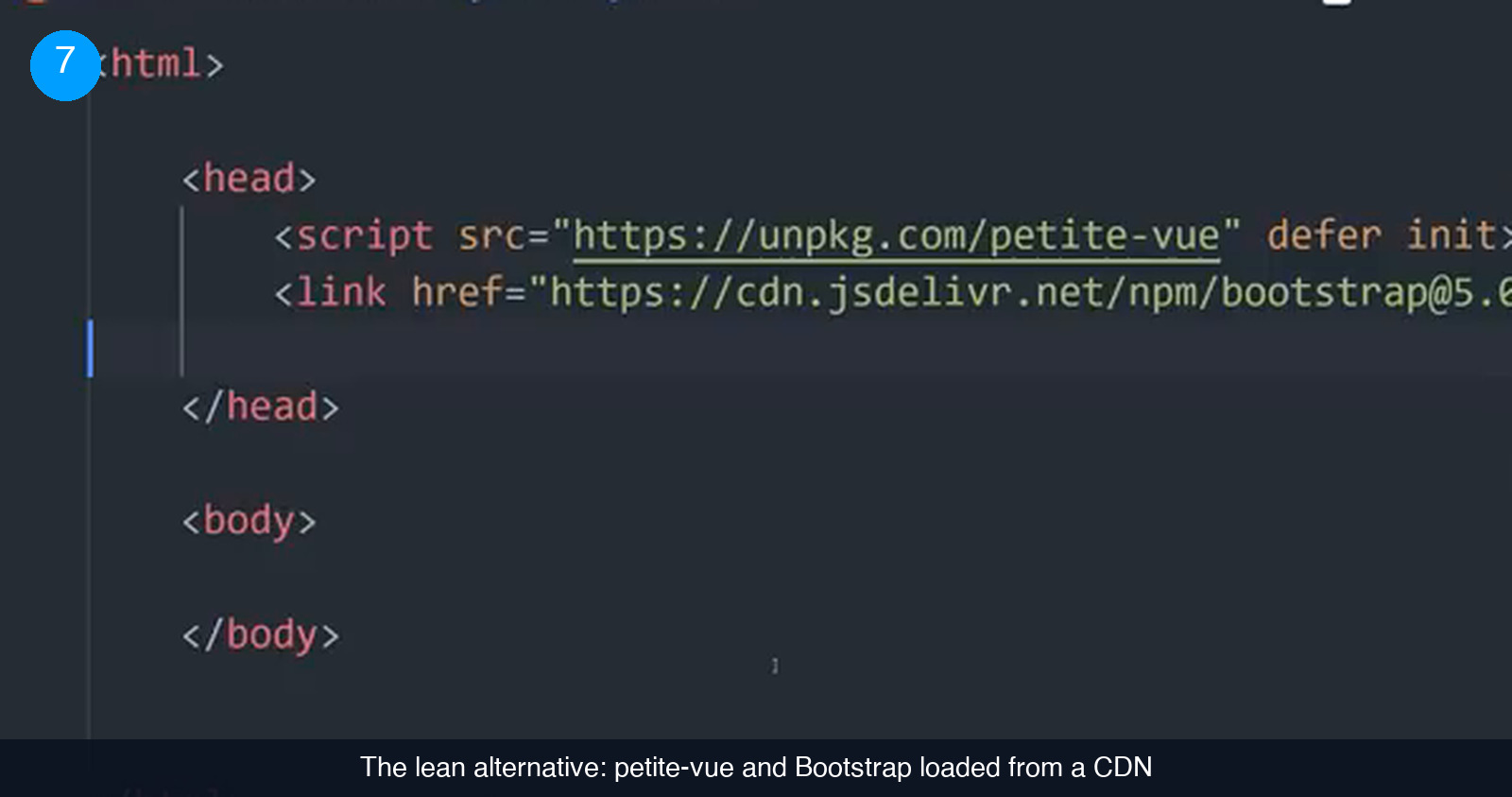 Code editor showing an index.html file whose head loads petite-vue from unpkg with a defer init script tag and Bootstrap 5 from the jsDelivr CDN with a link tag; the body is empty