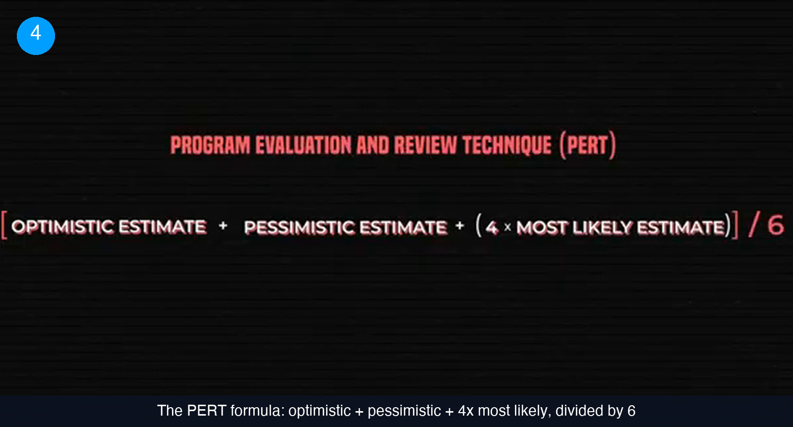 Formula on a dark background reading: open bracket, optimistic estimate plus pessimistic estimate plus open parenthesis 4 times most likely estimate close parenthesis, close bracket, divided by 6, under the heading Program Evaluation and Review Technique (PERT)