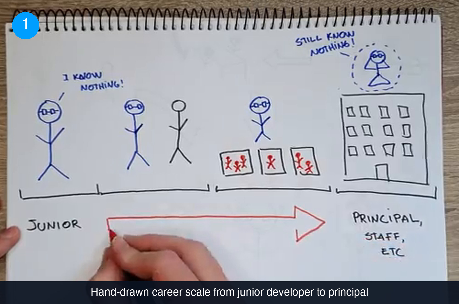 Hand-drawn diagram on a notepad: stick figures placed along a scale labelled JUNIOR on the left and PRINCIPAL, STAFF, ETC on the right, with speech bubbles reading I KNOW NOTHING and STILL KNOW NOTHING, a group of small framed teams in the middle and an office building at the right end, with a red arrow pointing from left to right