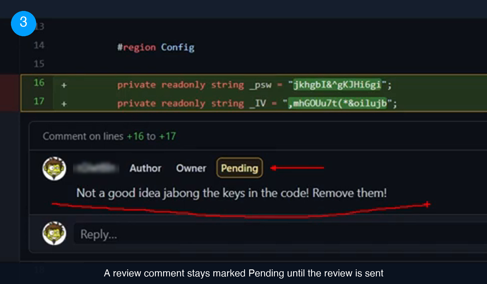 A GitHub review comment attached to lines 16 and 17 of a diff, showing a yellow Pending badge next to the reviewer name and the comment text below