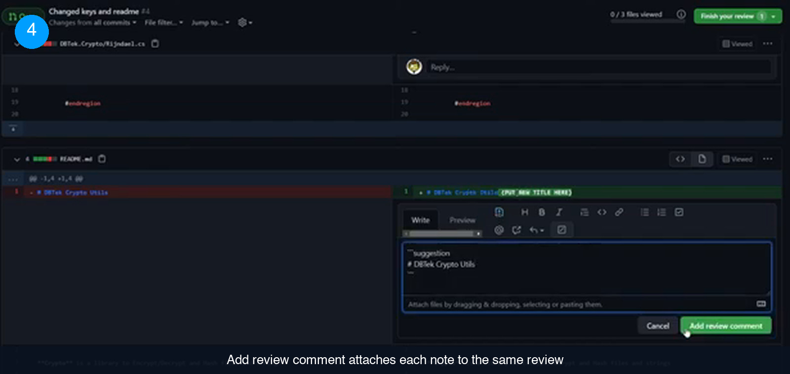 GitHub comment editor open on a README diff containing a suggestion block, with a green Add review comment button and a Finish your review counter in the top-right toolbar