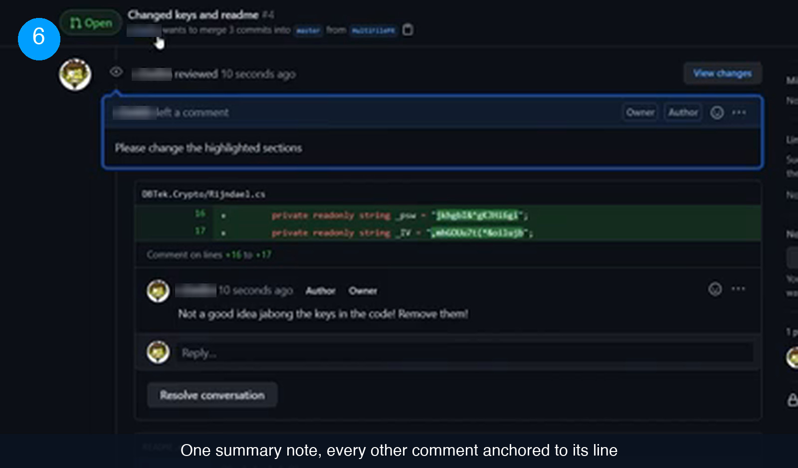 GitHub Conversation tab after a review is submitted, showing one reviewed entry with a summary comment and, below it, a comment anchored to lines 16 and 17 of a file with a Resolve conversation button