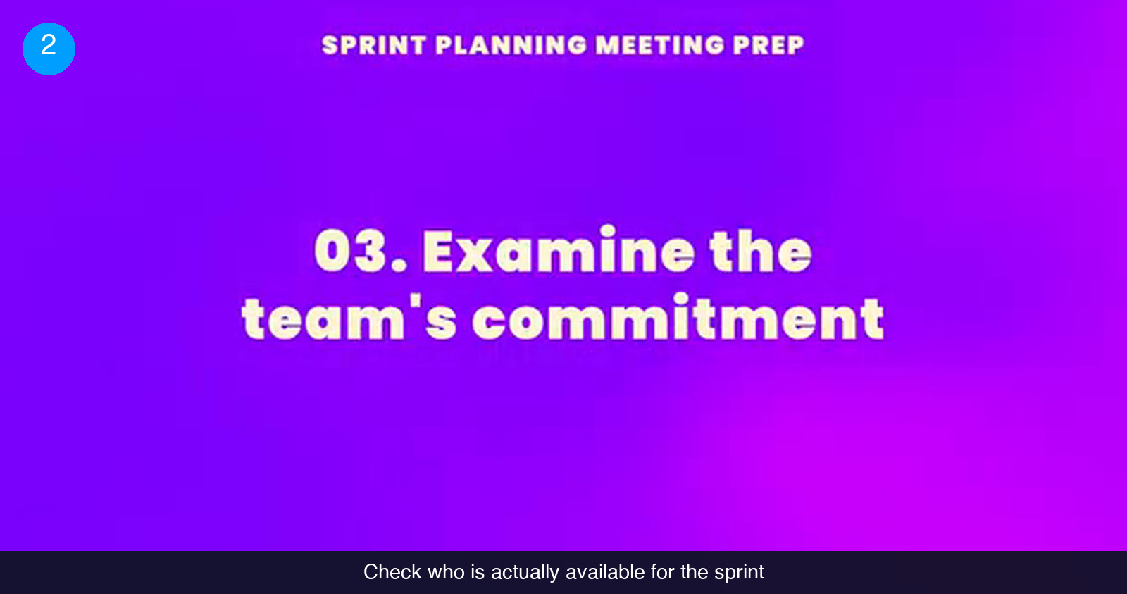 Purple slide labeled Sprint planning meeting prep with the heading 03. Examine the team's commitment