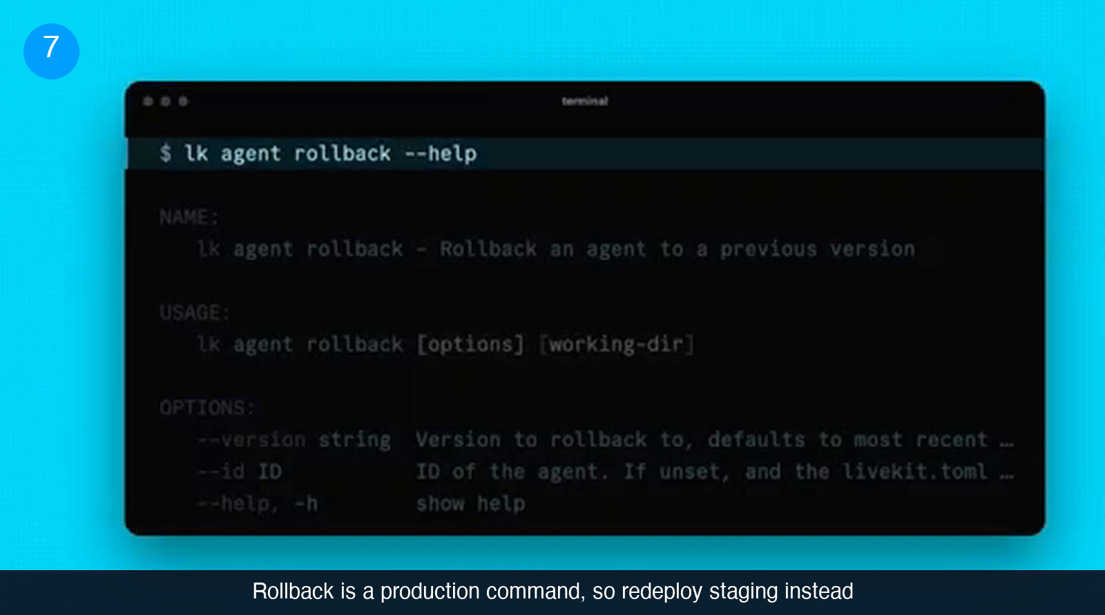 Terminal showing the help output for lk agent rollback, described as rollback an agent to a previous version, with options for version and agent id